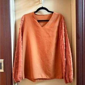 V-Neck Long-Sleeve Blouse in Rust with Rosette Sleeves
